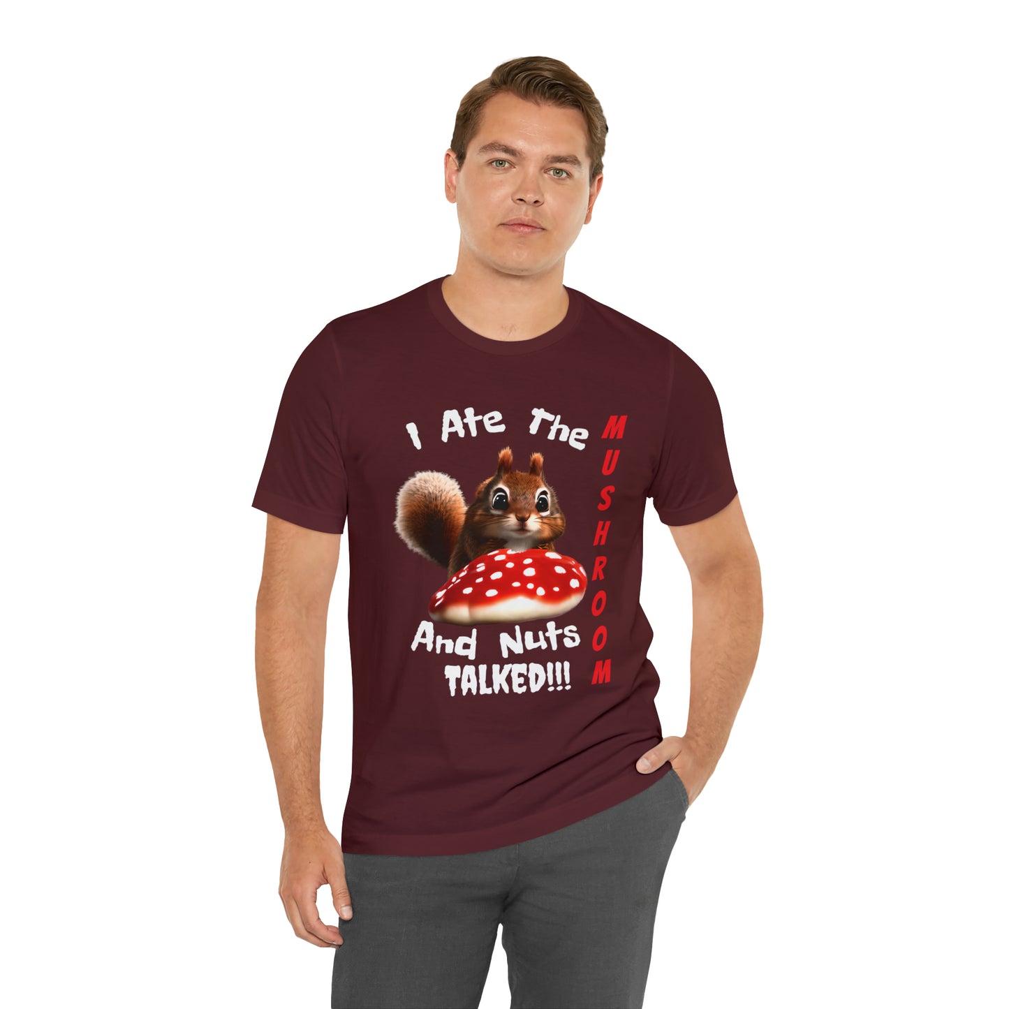 Magic Mushroom Tripping Squirrel, Funny, Unisex Jersey Short Sleeve Tee